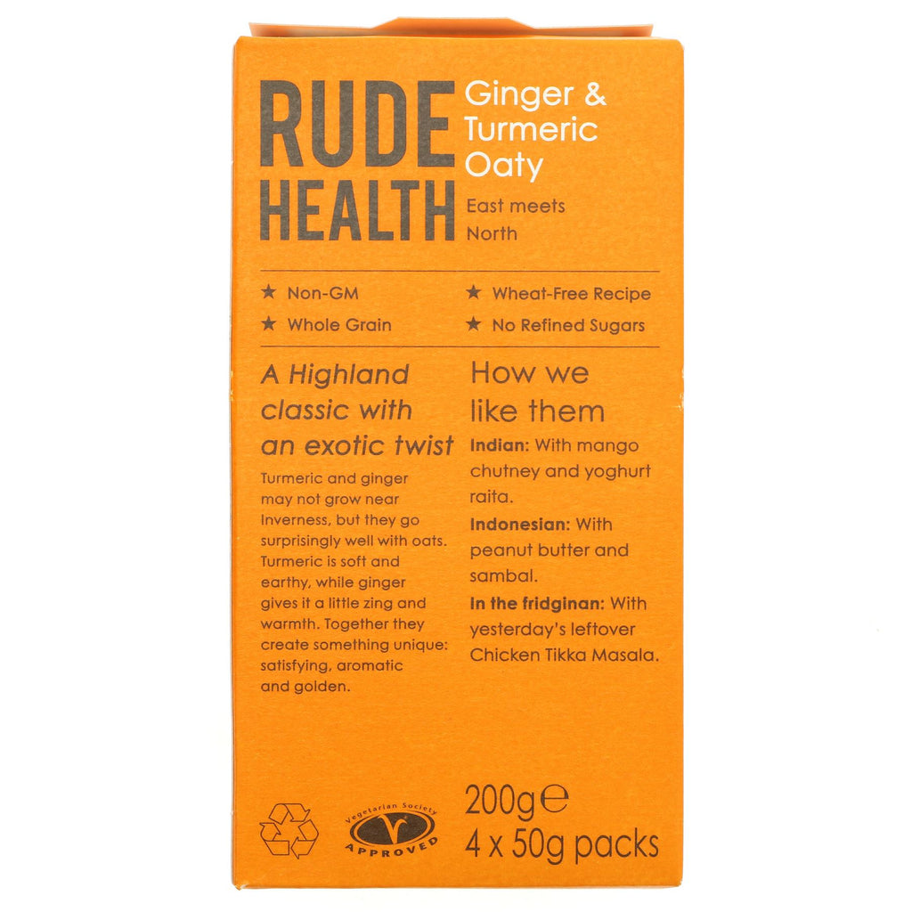 Rude Health Ginger Oaty snack! Vegan and no added sugar. Turmeric and ginger blend with oats. Satisfy anytime, anywhere.