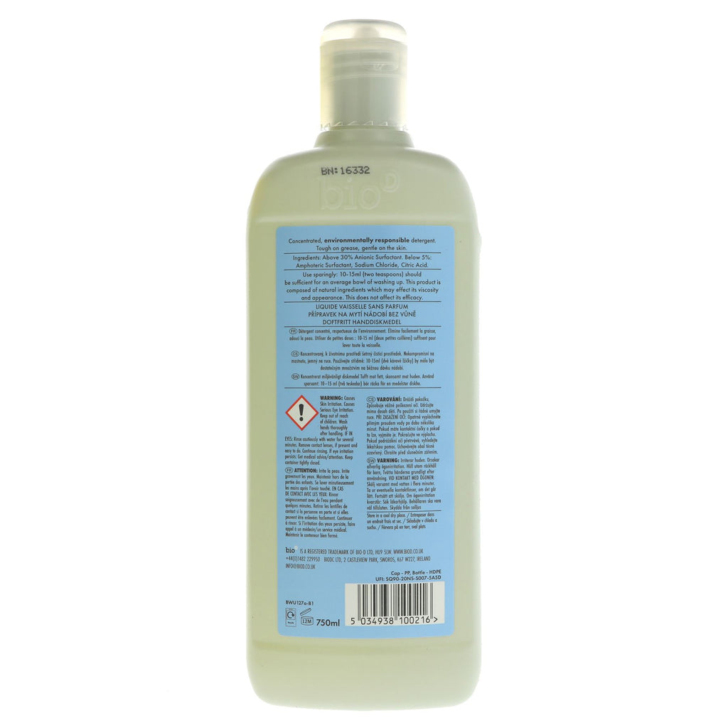 Vegan washing up liquid, tough on stains, gentle on hands, biodegradable ingredients, fragrance-free - Bio D 750ML.