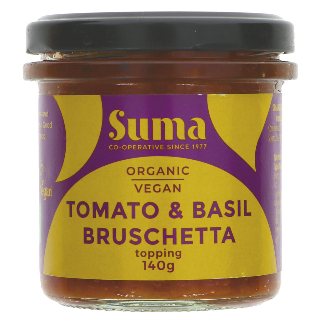 Suma Organic Vegan Bruschetta with rich tomatoes, basil and olive oil. VAT-free. Perfect for topping Bruschetta or pasta and gnocchi.