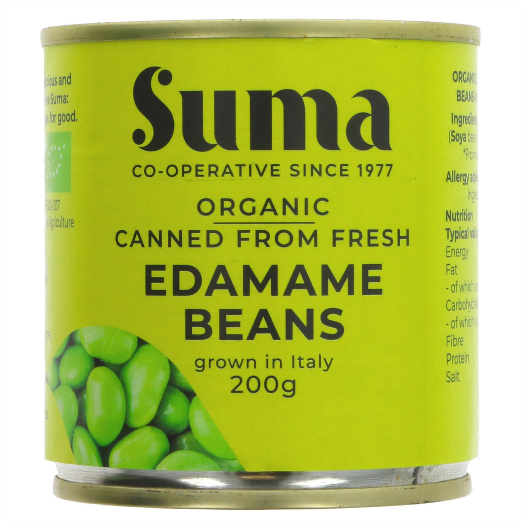 Organic vegan Edamame Soybeans by Suma - 200g pack, perfect for snacking or adding to your favorite recipes. High in protein and fiber.