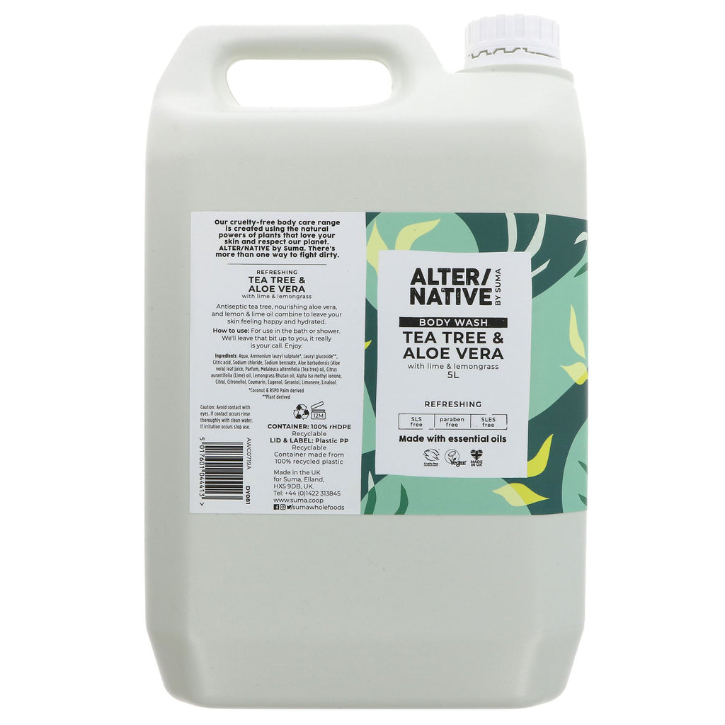 Vegan body wash with tea tree, aloe, and lemongrass. Cruelty-free and planet-friendly. 5L.