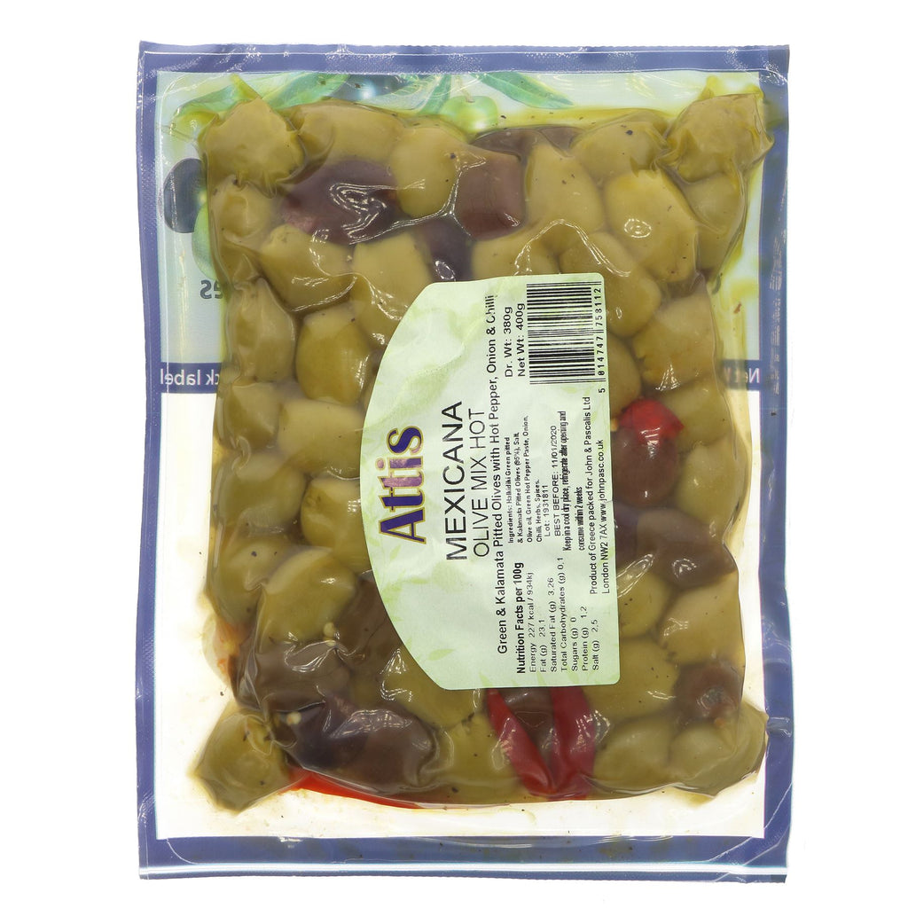 Attis Gourmet Mexicana Pitted Olives | 400G | Vegan, Hot Pepper, Onion, Chilli | Perfect for snacking & Mediterranean dishes.