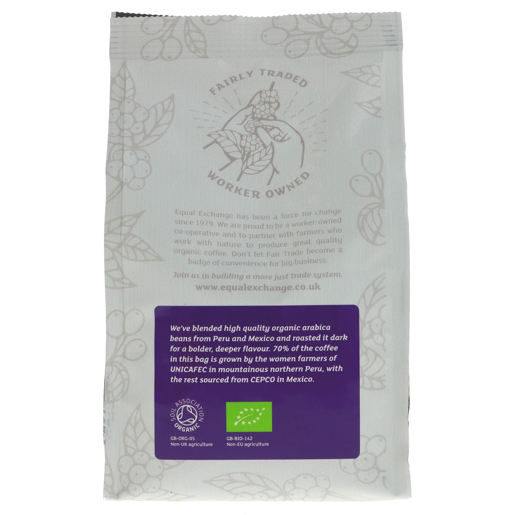Indulge in Equal Exchange's Dark City blend - Fairtrade, Organic, Vegan coffee made with rich beans from Peru and Mexico. 200g.