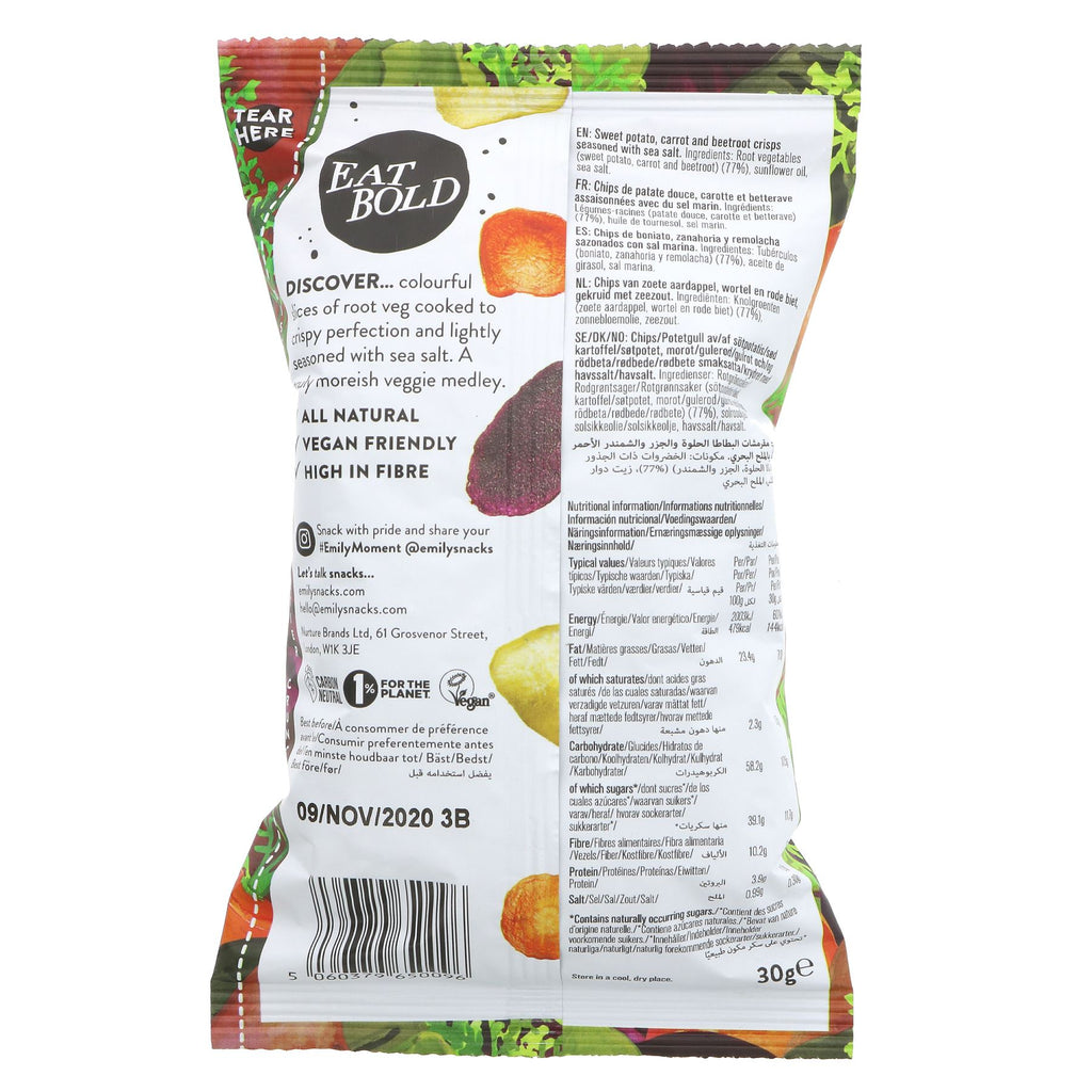 Gluten-free and vegan Rainbow Roots veggie crisps by Emily Crisps: Sweet Potato, Carrot and Beetroot.