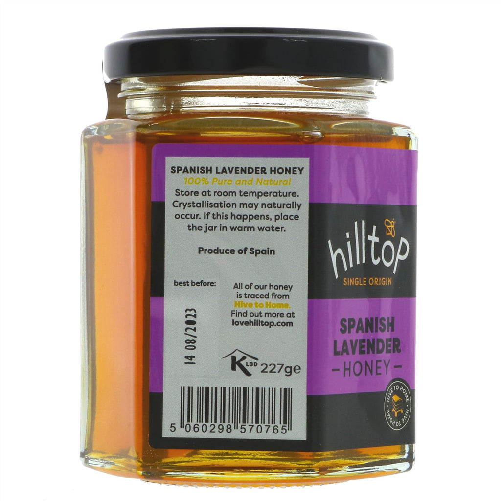 Gluten-free Spanish Lavender Honey by Hilltop Honey. Perfect for toast, yogurt, or cheese. 277g.
