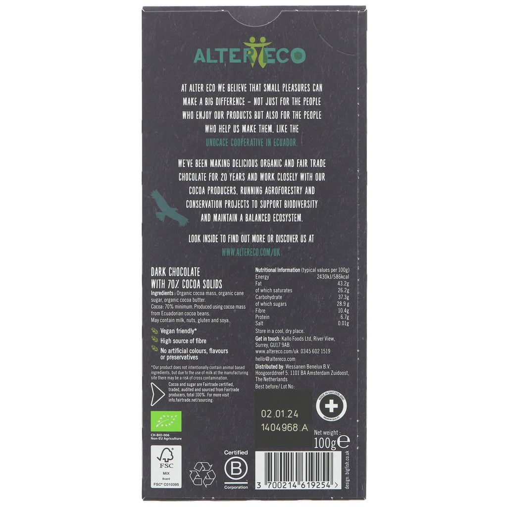 Altereco Dark Chocolate 70%, Fairtrade, Organic, No Added Sugar, Vegan, perfect for snacking or recipes.