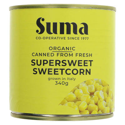 Suma's Supersweet Sweetcorn - Organic & Vegan, canned in Italy, bursting with Mediterranean taste. Perfect for salads, soups & more!