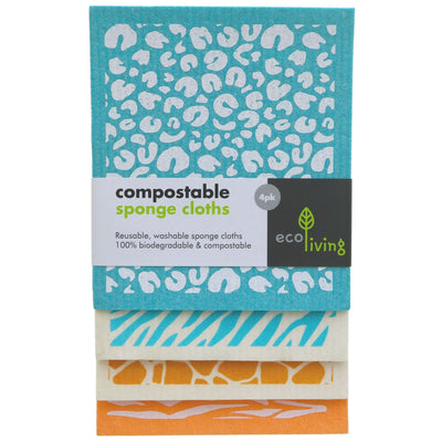 Ecoliving | Cleaning Cloths - Compostable - Pack 4, Animal print design | pack 4