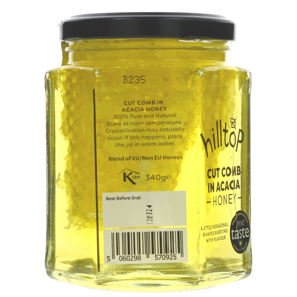 Hilltop Honey Cut Comb in Acacia, 340g: Pure, sweet, and floral. Perfect for toast & cheese. No VAT.