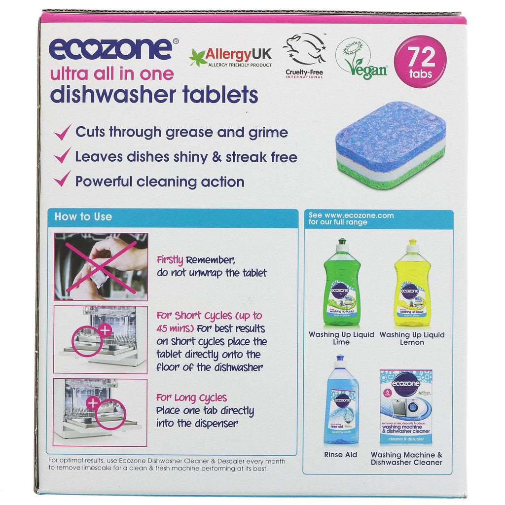 Ecozone All-in-One Dishwasher Tablets | 72 Tabs | Vegan & Soluble Wrapping