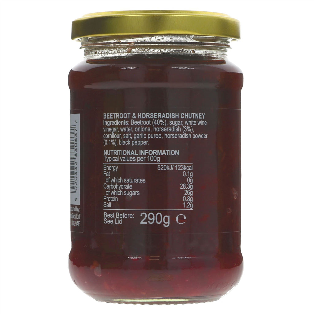 Shaws Beetroot & Horseradish Chutney - Gluten-free, sugar-free & vegan. Add a zing to your meals with cheese or meats.