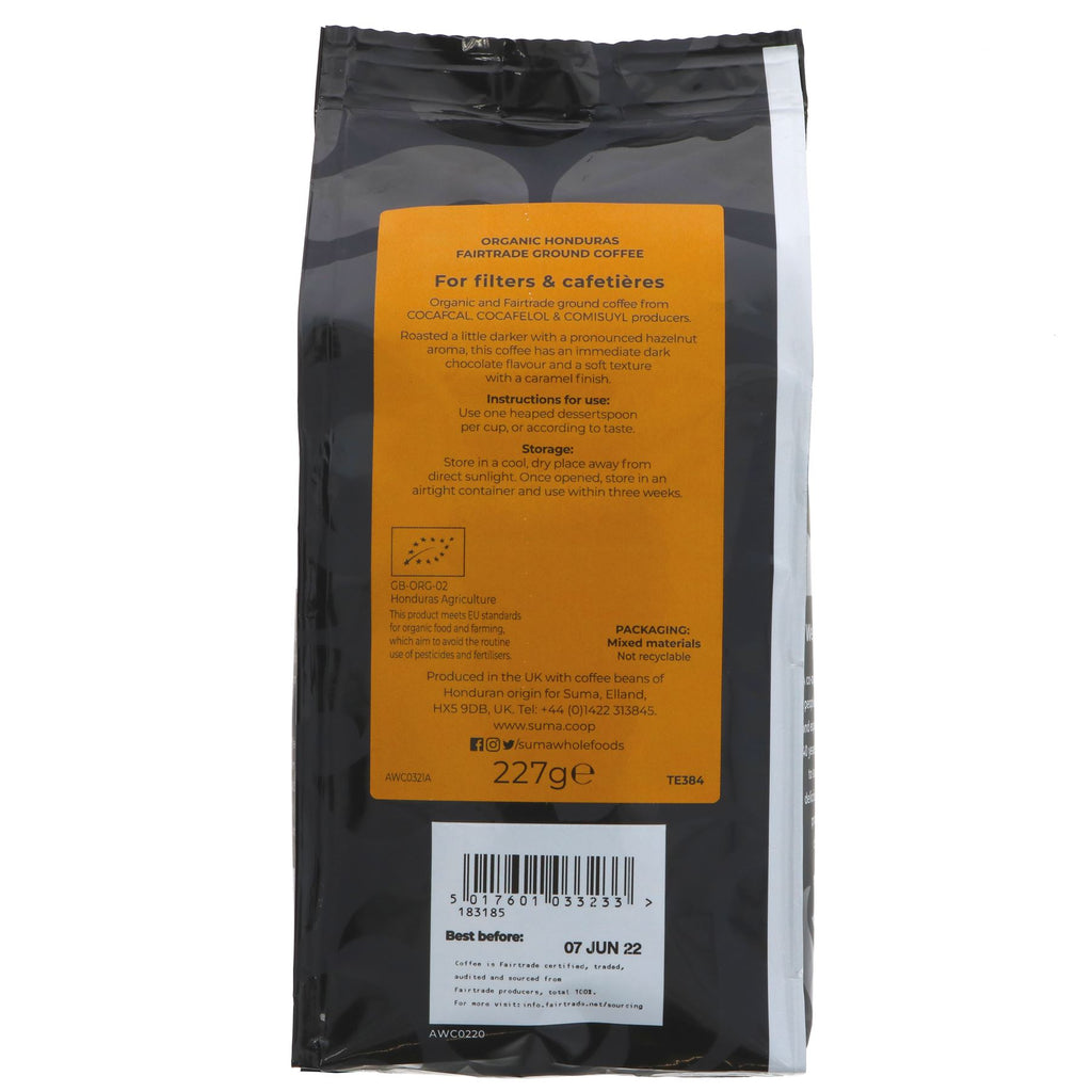 Suma Honduras Ground Coffee, Fairtrade, Organic, Vegan, Strength 4-5, Caramel Finish, 227g.