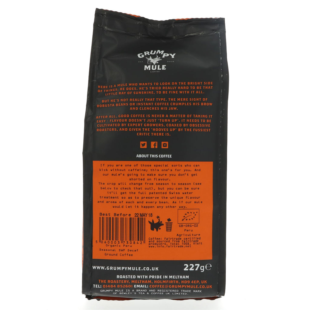 Grumpy Mule Decaf Coffee: Fairtrade, Organic, Vegan, Swiss Water Decaf, Smooth & Balanced, No VAT. Enjoy caffeine-free coffee guilt-free!