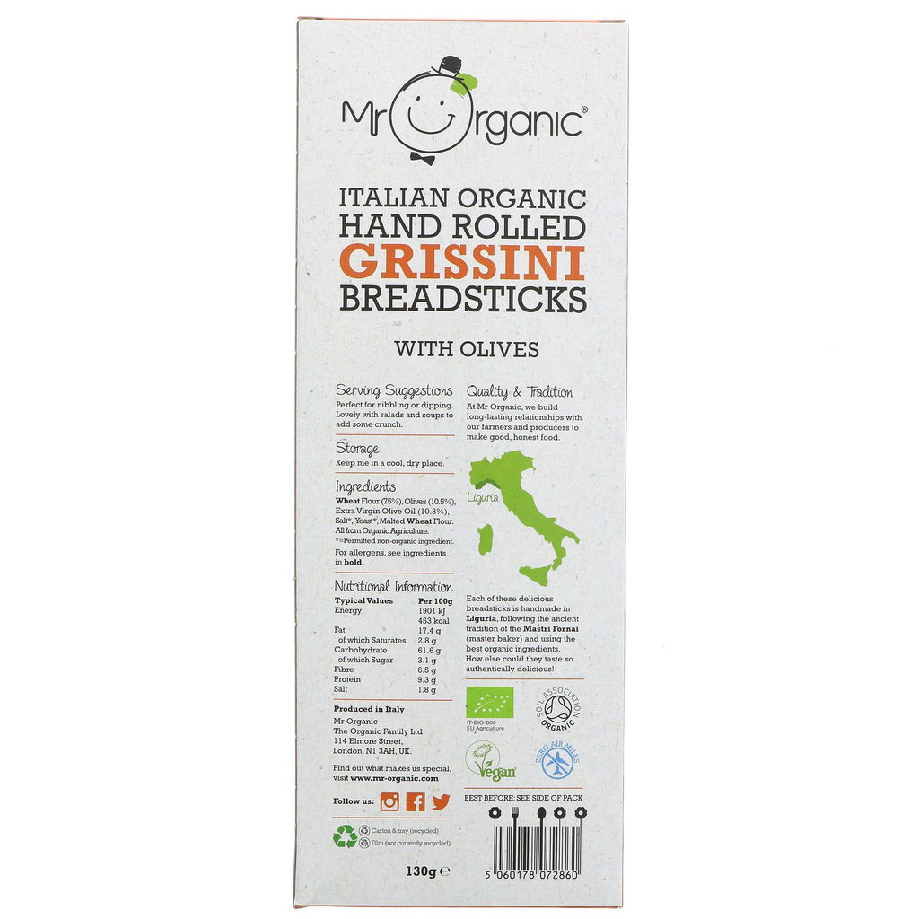 Mr Organic Breadstick with Olives. Hand-stretched in Liguria with organic ingredients and extra virgin olive oil. Vegan and delicious!