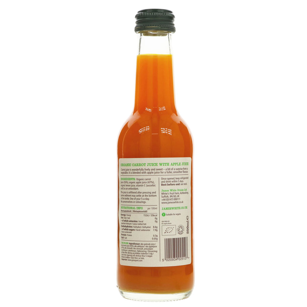 James White Organic Carrot & Apple Juice - vegan, 250ml glass bottle. Refreshing blend of flavors that surprise and delight.
