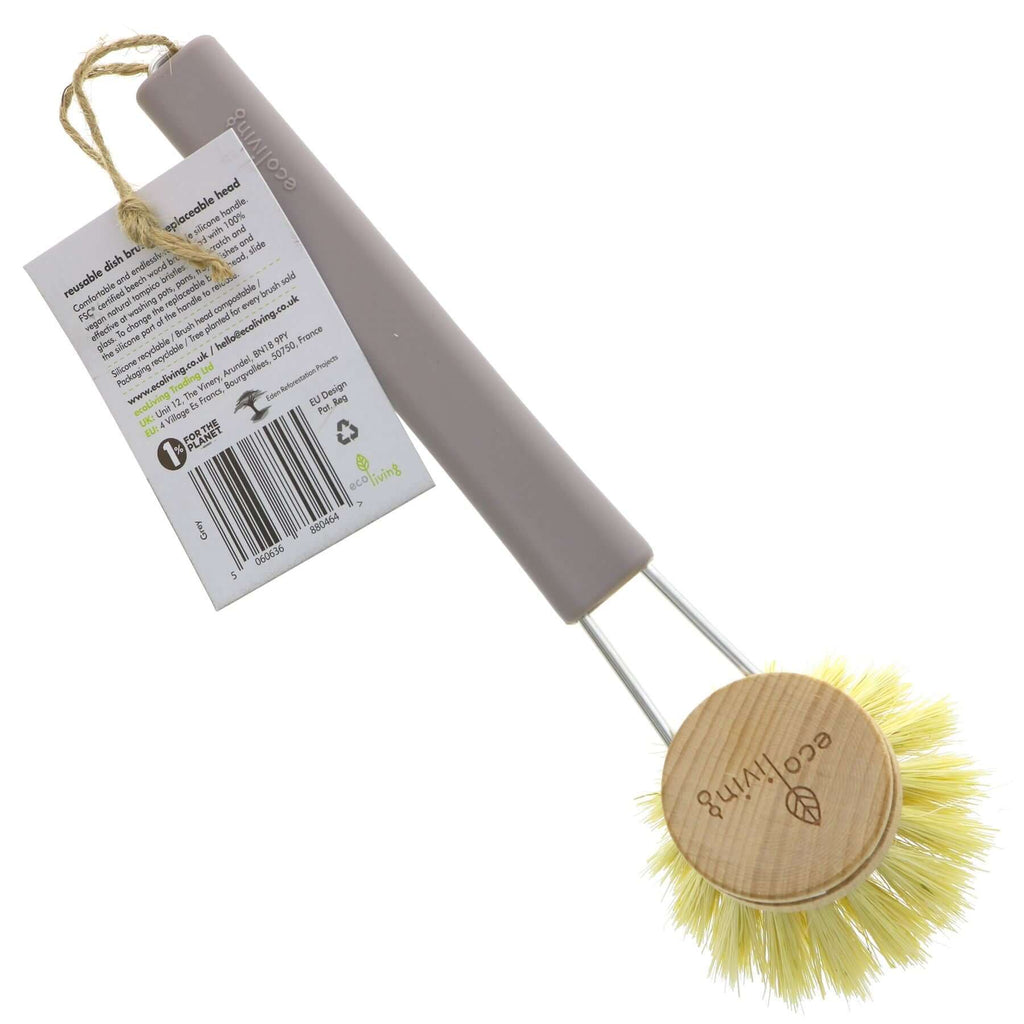 Eco-friendly vegan dish brush with replaceable head & grippy silicone handle. Perfect for eco-conscious households.