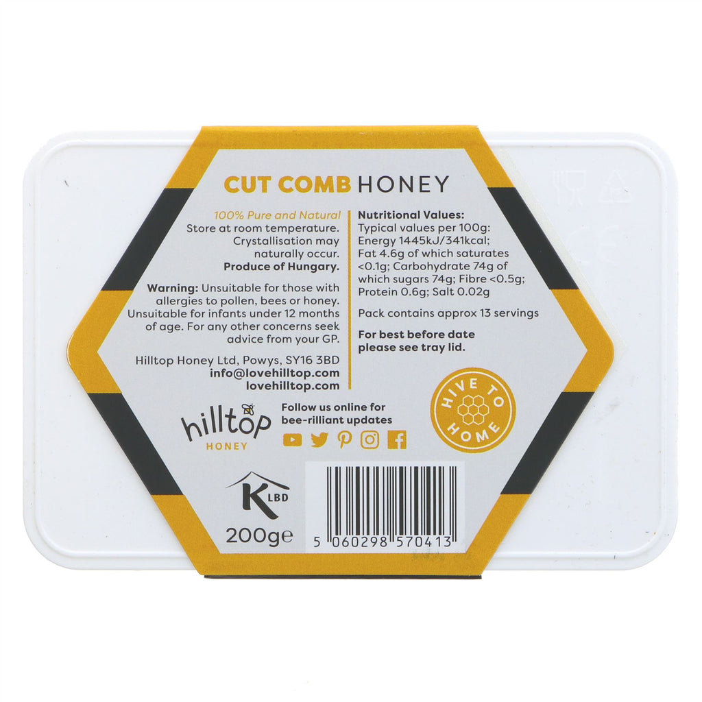 Pure Acacia Honey Comb Box - 200g by Hilltop Honey. Great for spreading, porridge, salads, and more. No VAT charged.