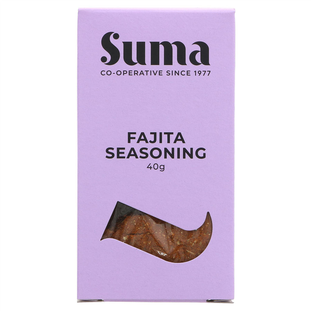 Suma Fajita Seasoning: Vegan blend for adding Mexican twist to meals. Perfect on veggies, tofu, or meat. No VAT charged.