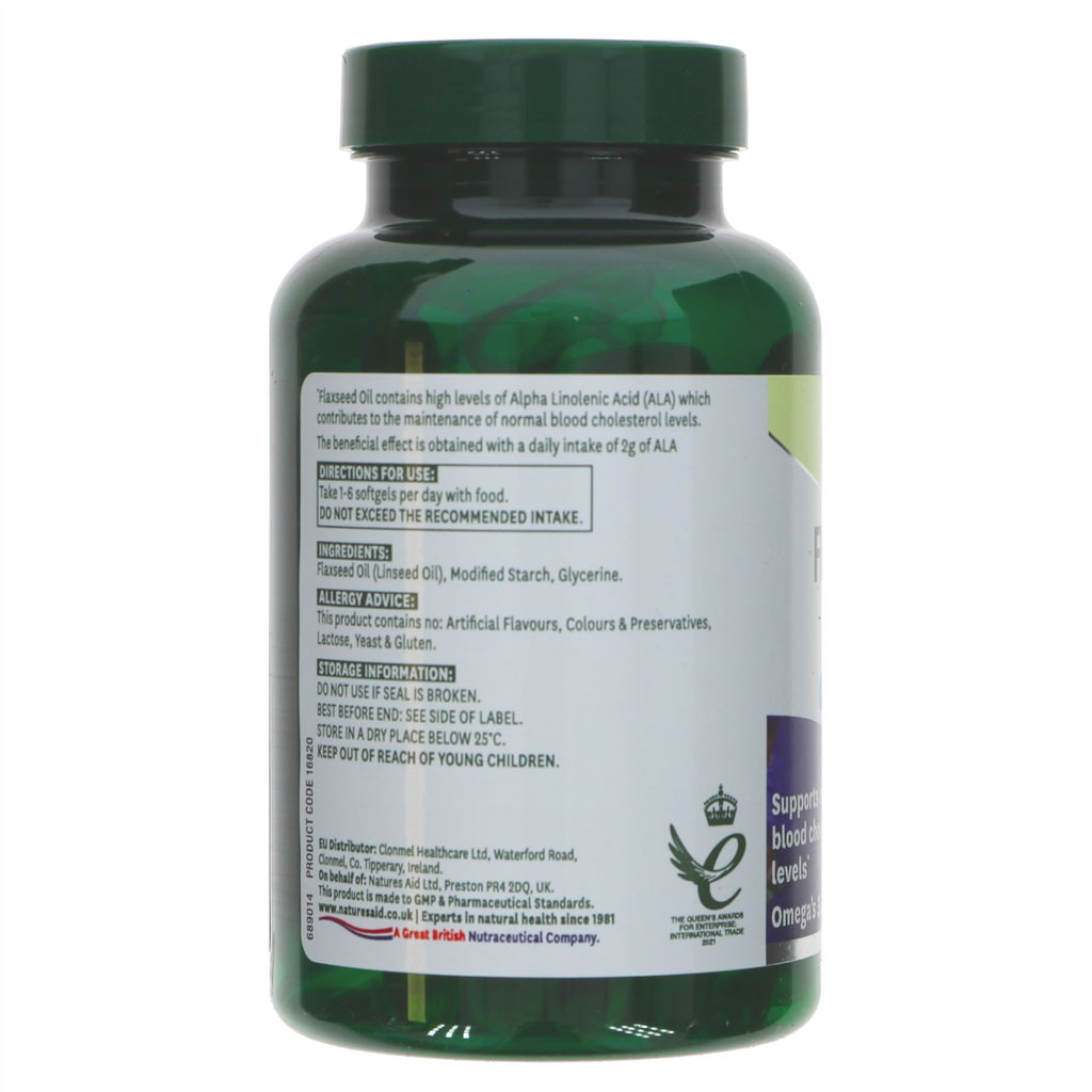 Natures Aid Flaxseed Oil 1000mg - Omega 3, Gluten-Free & Vegan - Maintains Normal Cholesterol Levels - Cold Pressed.