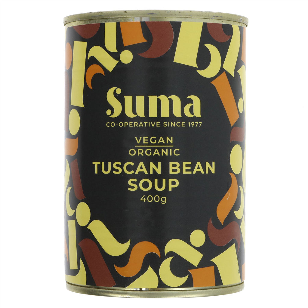 Suma Organic Tuscan Bean Soup - Italian. Vegan & Organic. Rich blend of beans, tomatoes & herbs. Perfect for cozy nights or as a meal addition.