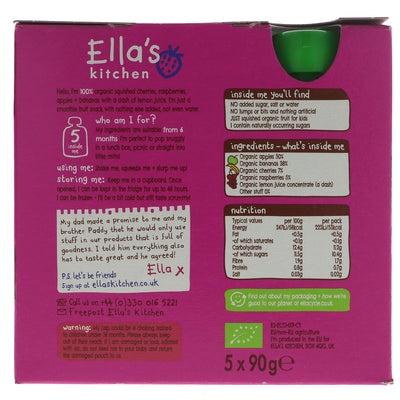 Ella's Kitchen Pink One: 100% organic smoothie fruit snack made with apples, bananas, cherries, raspberries & a hint of lemon juice. Vegan-friendly!