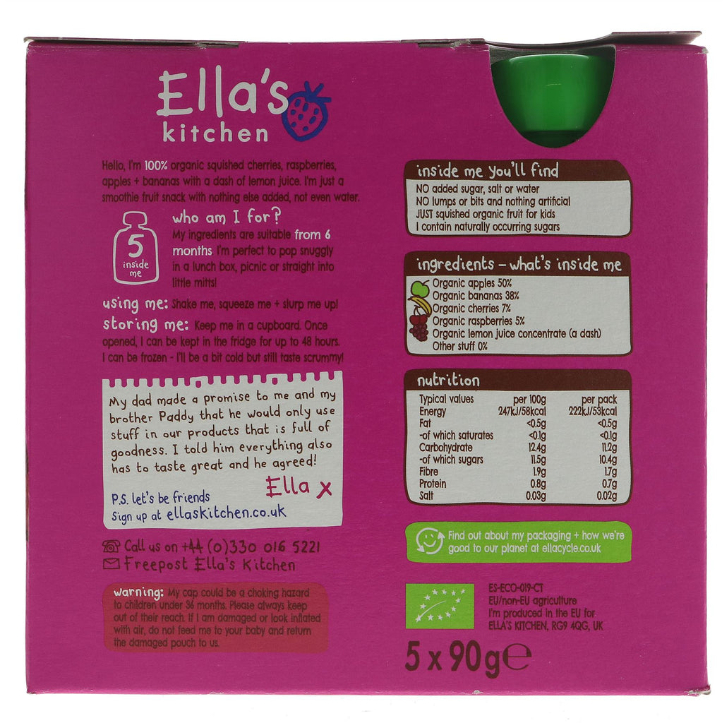 Ella's Kitchen Pink One: 100% organic smoothie fruit snack made with apples, bananas, cherries, raspberries & a hint of lemon juice. Vegan-friendly!