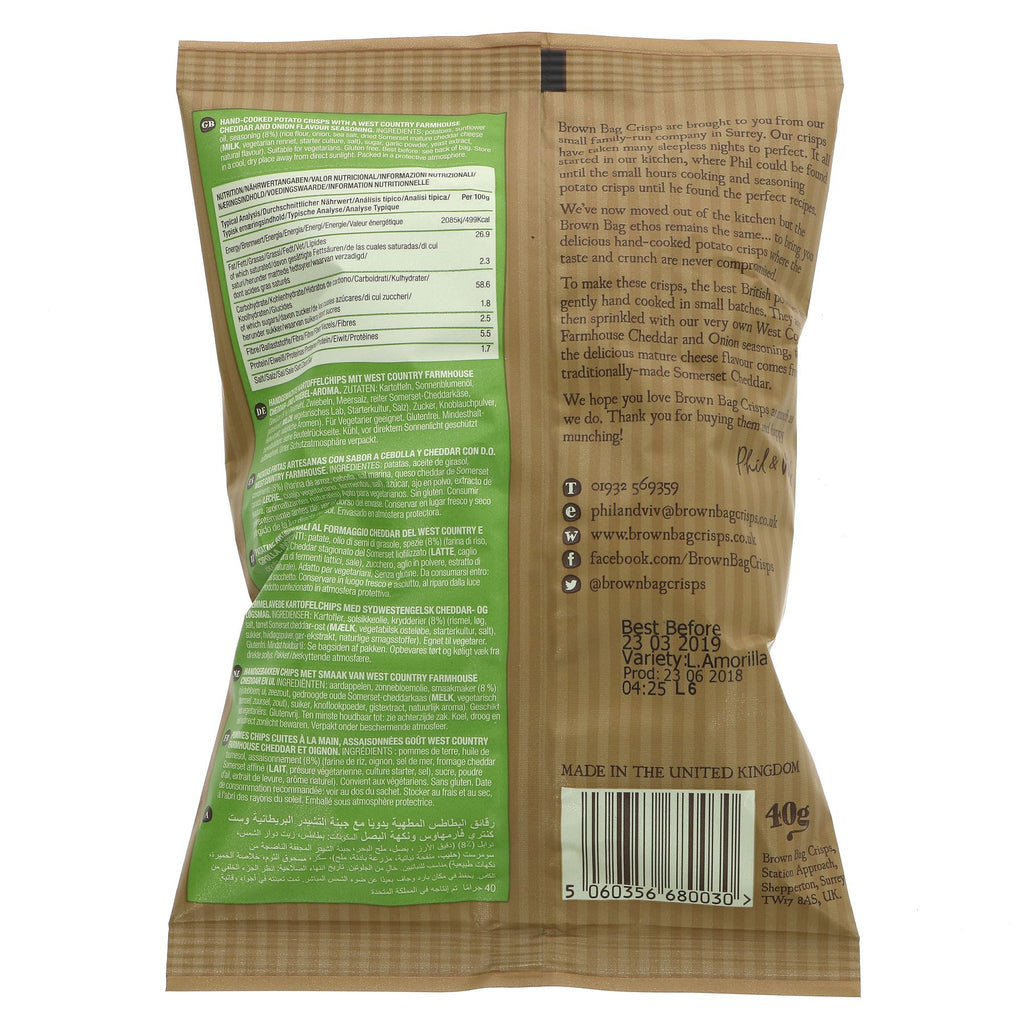 Brown Bag Crisps - West Country Cheddar & Onion - Gluten-free, vegan crisps made with finest British potatoes & sunflower oil.