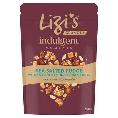 Sea Salted Fudge with Pralines: Vegan, ready-to-eat granola with caramelized nuts & sea salted caramel fudge pieces. Perfect for a delicious snack.