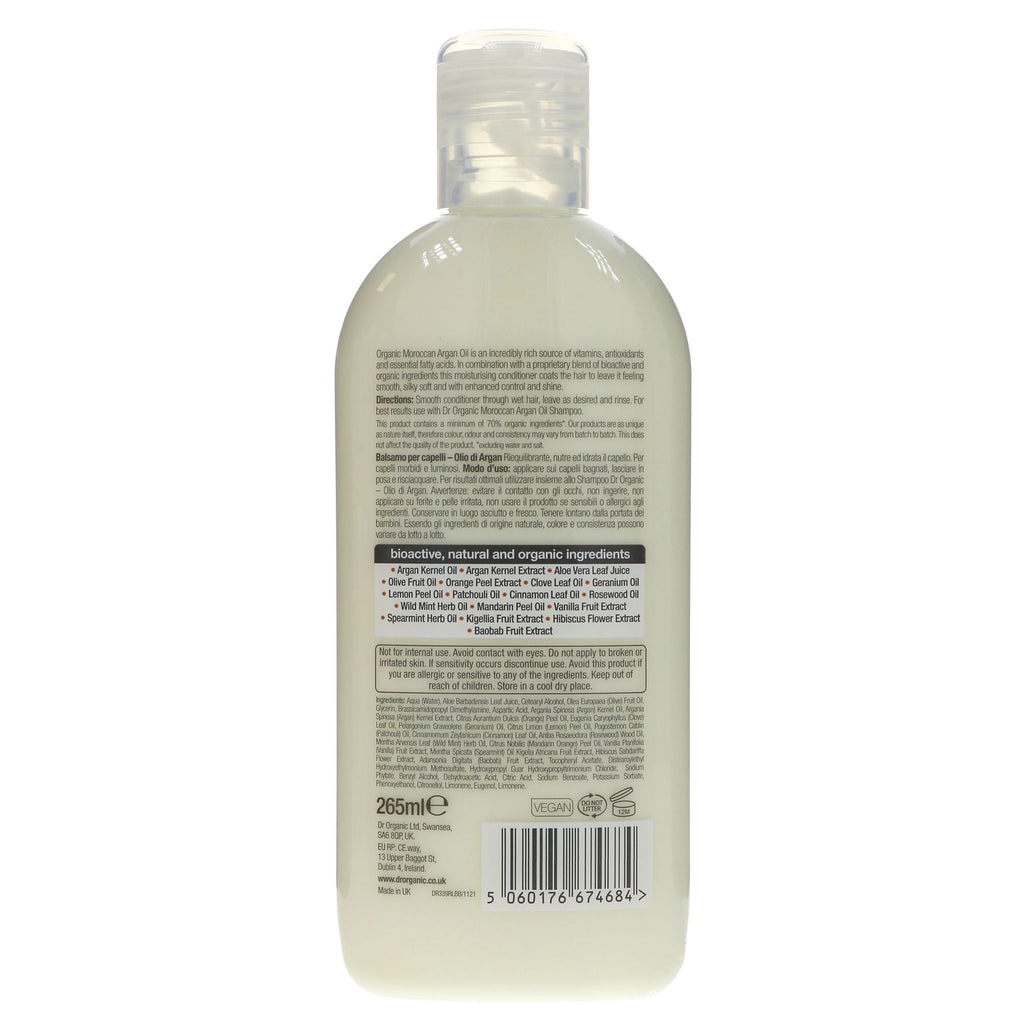 Vegan Moroccan Argan Oil Conditioner for silky smooth hair. 265ml bottle by Dr Organic.