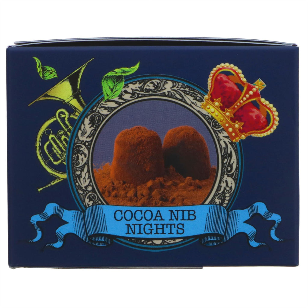 Monty Bojangles Cocoa Nib Nights: Vegan truffles with crunchy cocoa nibs and no added sugar. Perfect treat or gift.