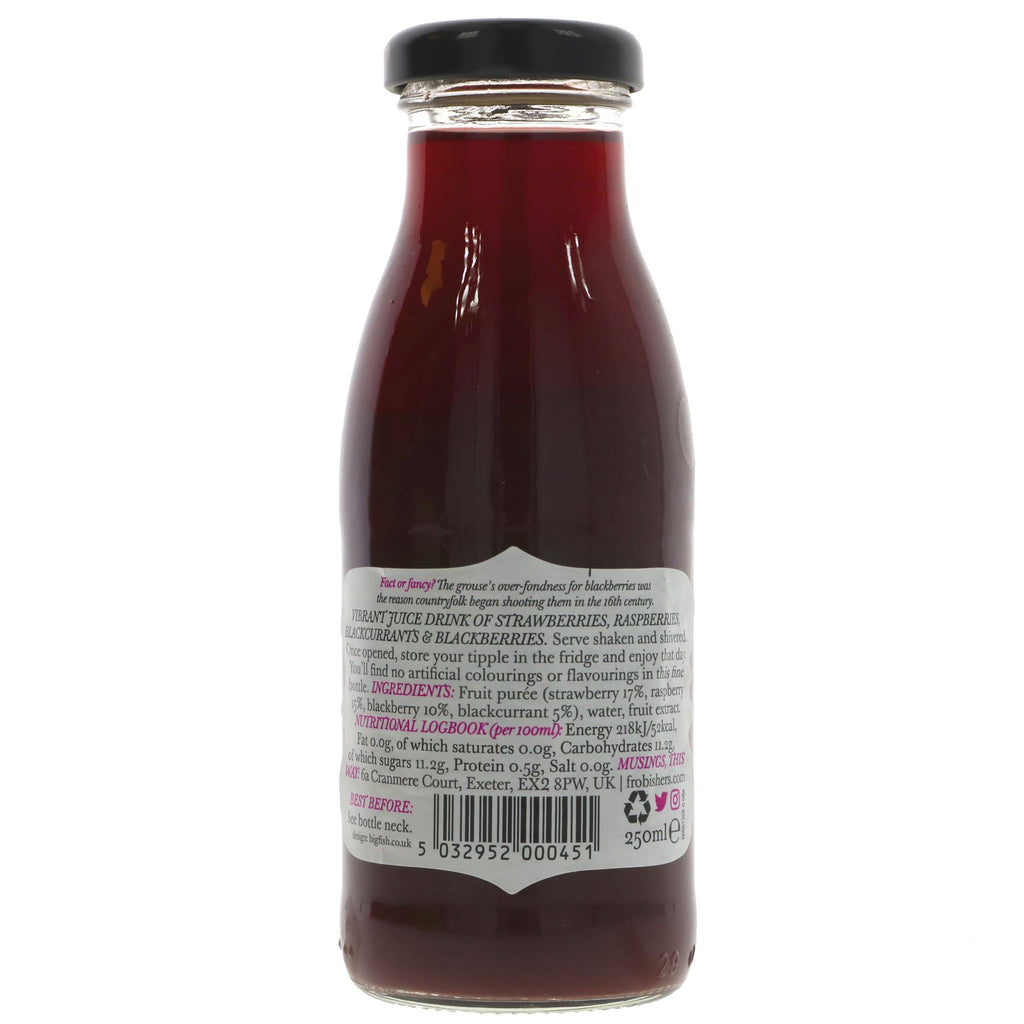 Frobishers Bumbleberry Juice. 250ML. Sweet, tart and vegan. Made with strawberries, raspberries, blackcurrants and blackberries. Mix into cocktails!