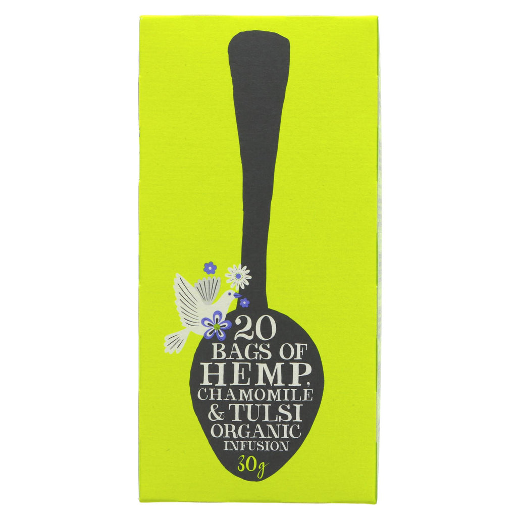 Organic, vegan hemp tea bags with calming chamomile and tulsi. Plastic-free packaging for eco-friendliness. Part of Mood Infusions collection.