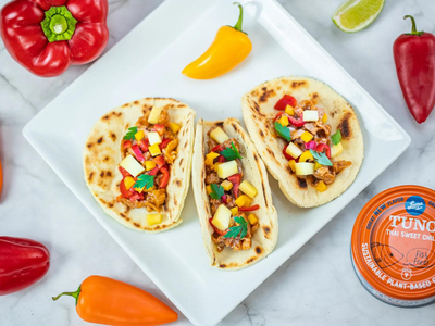 TUNO Thai Sweet Chili Fishless Tacos with Mango Salsa