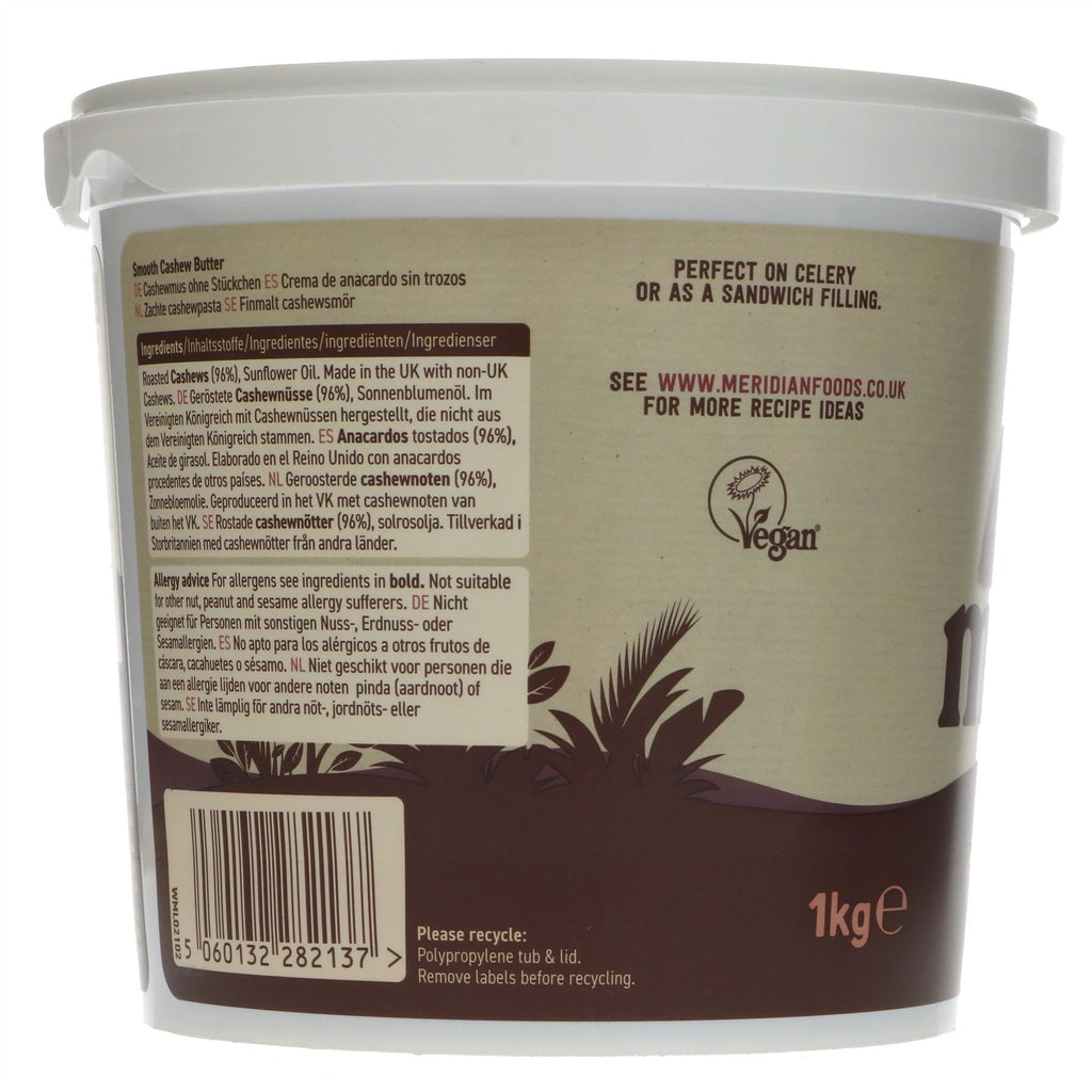 Indulgent vegan Cashew Butter Smooth, perfect for spreading on crackers, crumpets or added to cakes and bakes. 1KG, no added salt.