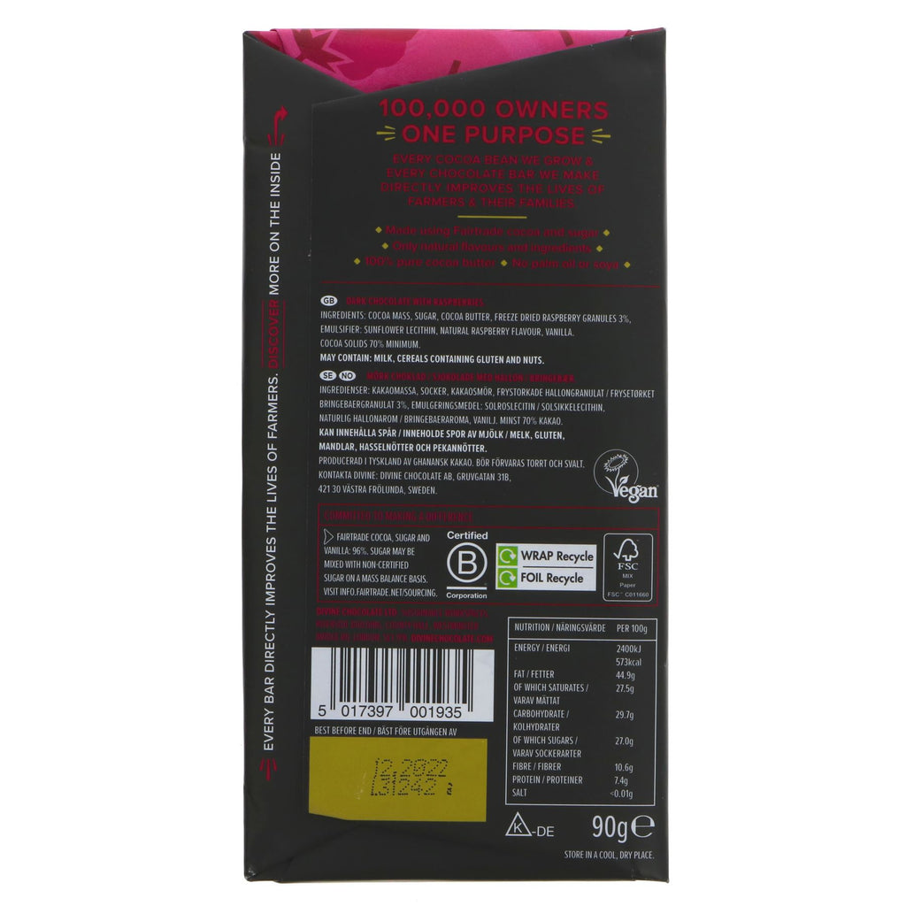 Divine Vegan Dark Choc & Raspberries | Fairtrade | No Added Sugar | 90g Bar | Perfect for Chocolate Lovers | #SuperfoodMarket