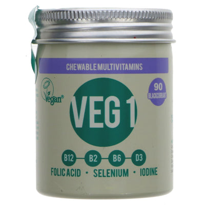 Vegan Society blackcurrant flavoured multivitamin chewy tablets. 90 tablets in one bottle. No added sugar, Vegan-friendly, 3-month supply.