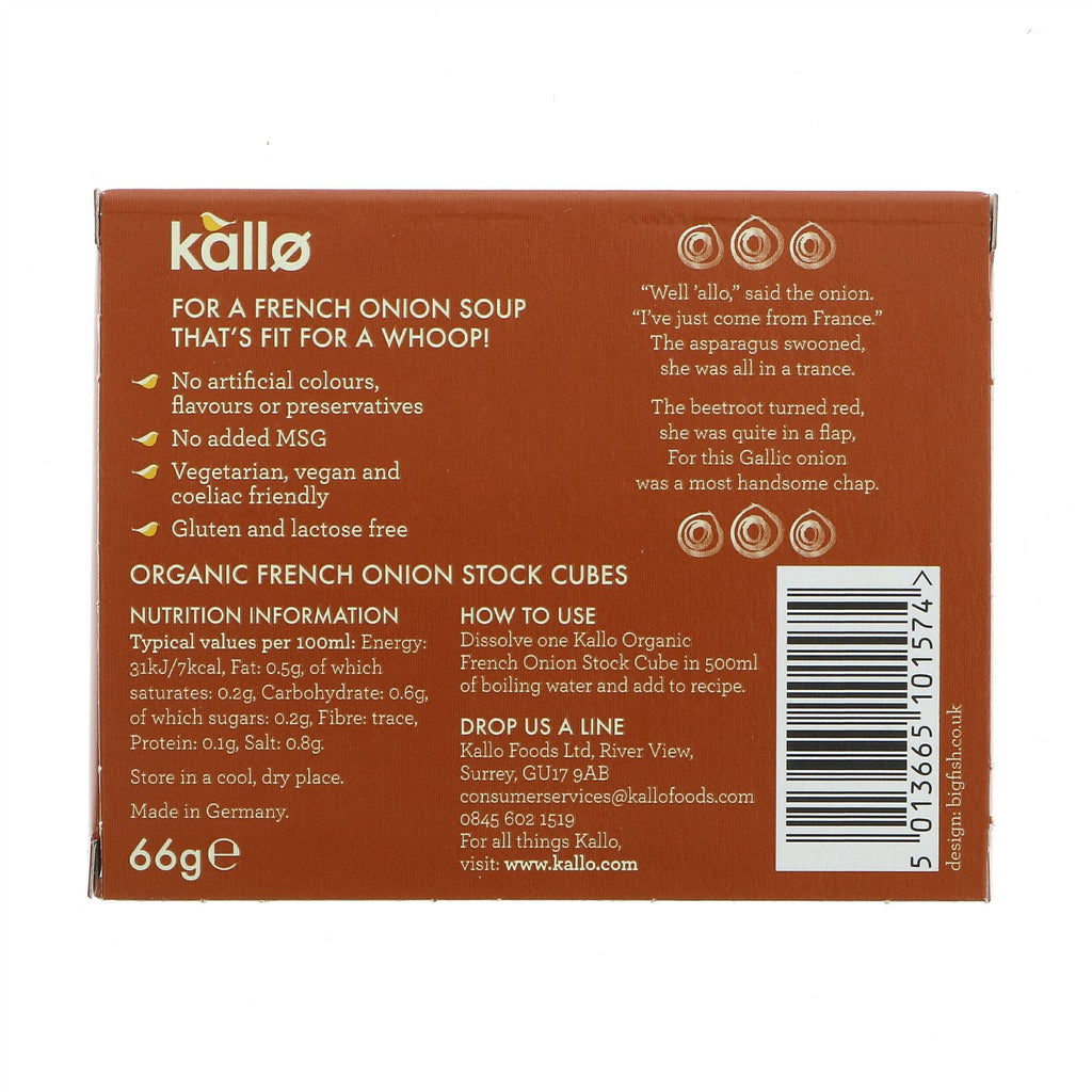 Organic French Onion Stock Cubes by Kallo, gluten-free, vegan, and no added sugar. Add natural flavor to soups, stews, and sauces.