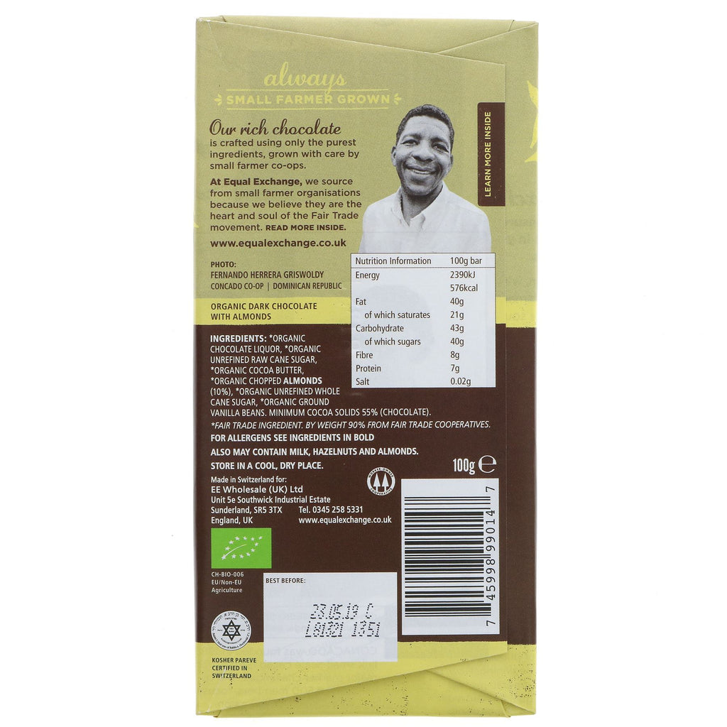 Organic Fairtrade dark chocolate with almonds, no added sugar.