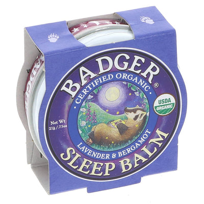 Badger Sleep Balm Mini: Organic blend of lavender, rosemary, bergamot, ginger, and balsam fir to calm thoughts and enhance sleep.