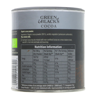 Green & Black's Organic Cocoa Powder - Fairtrade, Vegan. Perfect for baking or a cozy cup of hot chocolate. Made with the finest cocoa beans.