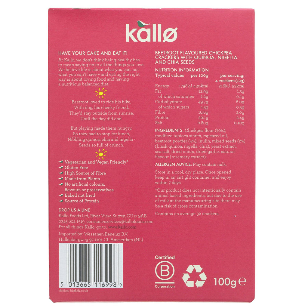 Gluten Free & Vegan Beetroot & Three Seeds Thins by Kallo. High in fibre, protein, and made from plants. No artificial ingredients.