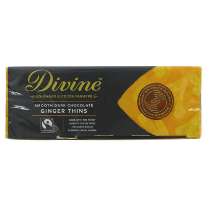 Fairtrade & vegan dark chocolate ginger thins by Divine. Enjoy the perfect blend of rich chocolate and spicy ginger.