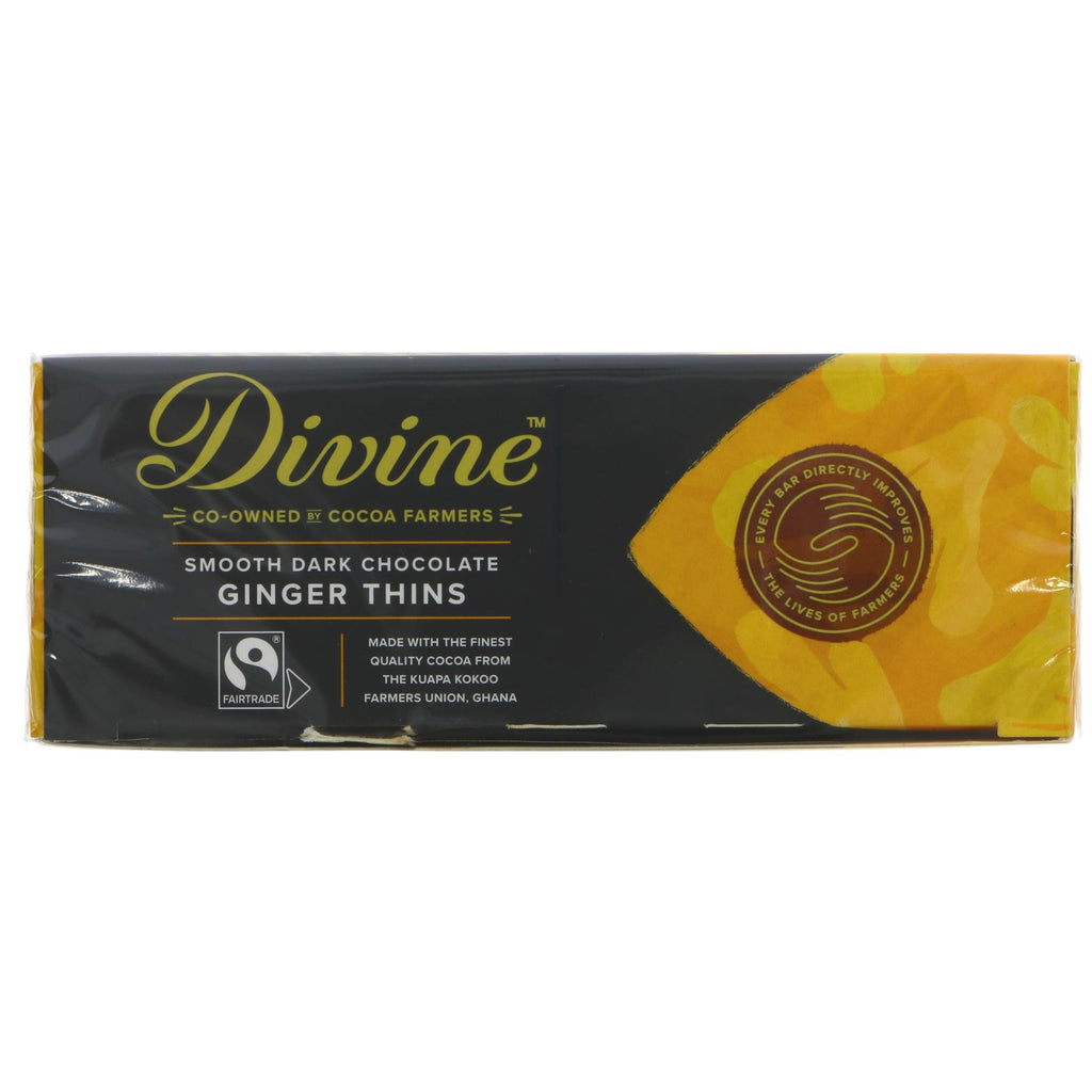Fairtrade & vegan dark chocolate ginger thins by Divine. Enjoy the perfect blend of rich chocolate and spicy ginger.