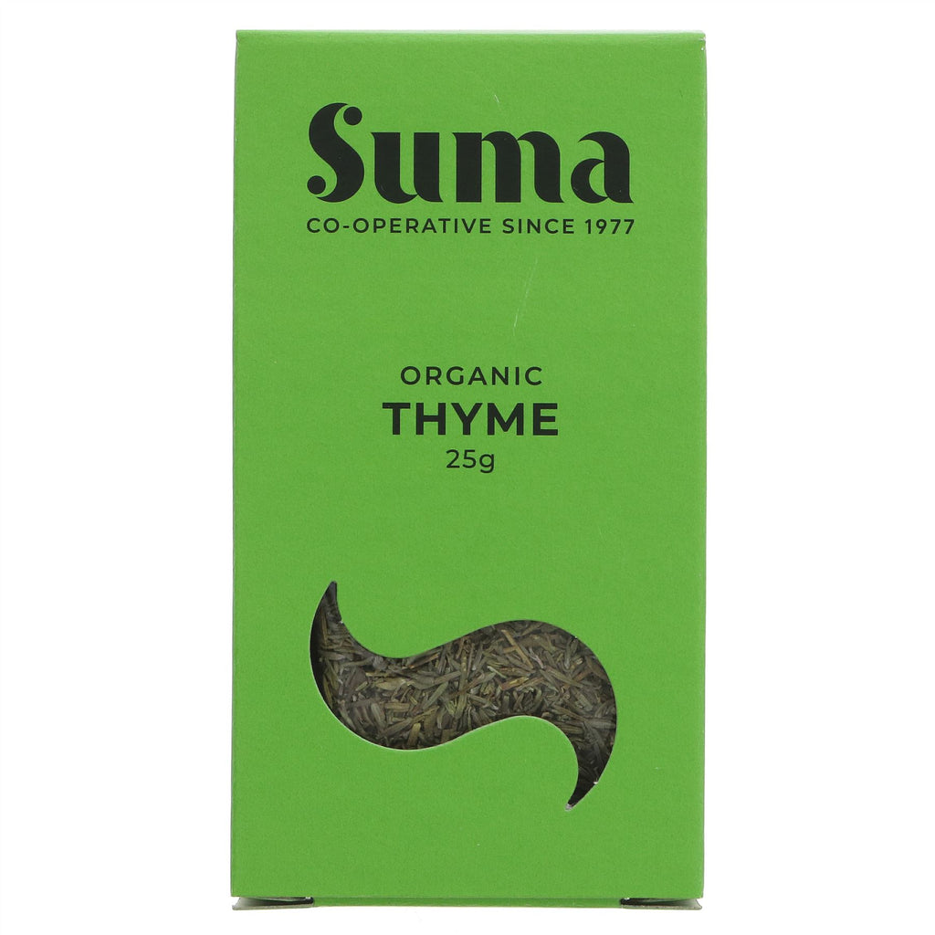 Organic Thyme from Suma adds a touch of goodness to dishes. Vegan and no VAT charged. Elevate your cooking game!