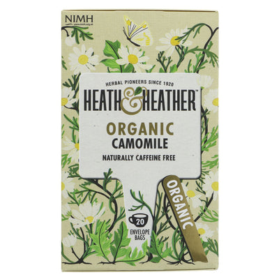 Organic and Vegan Camomile tea from Heath And Heather. Soothing taste for unwinding or bedtime ritual. 20 bags, no VAT.