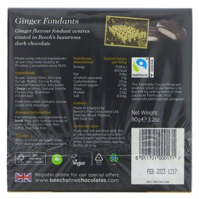 Ginger Creams: Gluten Free, Vegan dark chocolate. Enjoy the rich flavours of Beech's Fine Chocolates. Perfect for indulging or gifting.