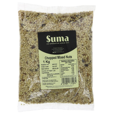 Suma Mixed Nuts - Chopped. Vegan, perfect for snacking or cooking. Not suitable for small children.