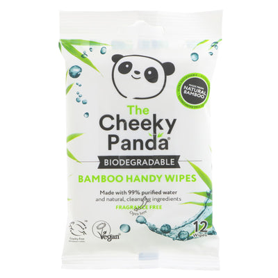 Vegan 12 x 12 Handy Wipes by The Cheeky Panda. Made with sustainable bamboo, perfect for quick clean-ups on the go.
