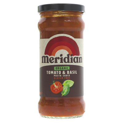 Organic and gluten-free Meridian Tomato & Basil Pasta Sauce. Vegan and classic tomato & basil flavors. VAT-free.