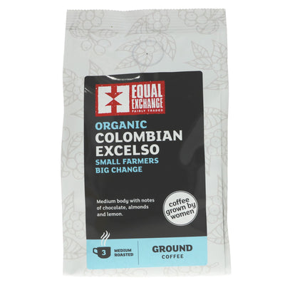 Fairtrade & organic Colombian Excelso with chocolatey almond notes. Sourced from female smallholders, perfect for vegans. 200g.